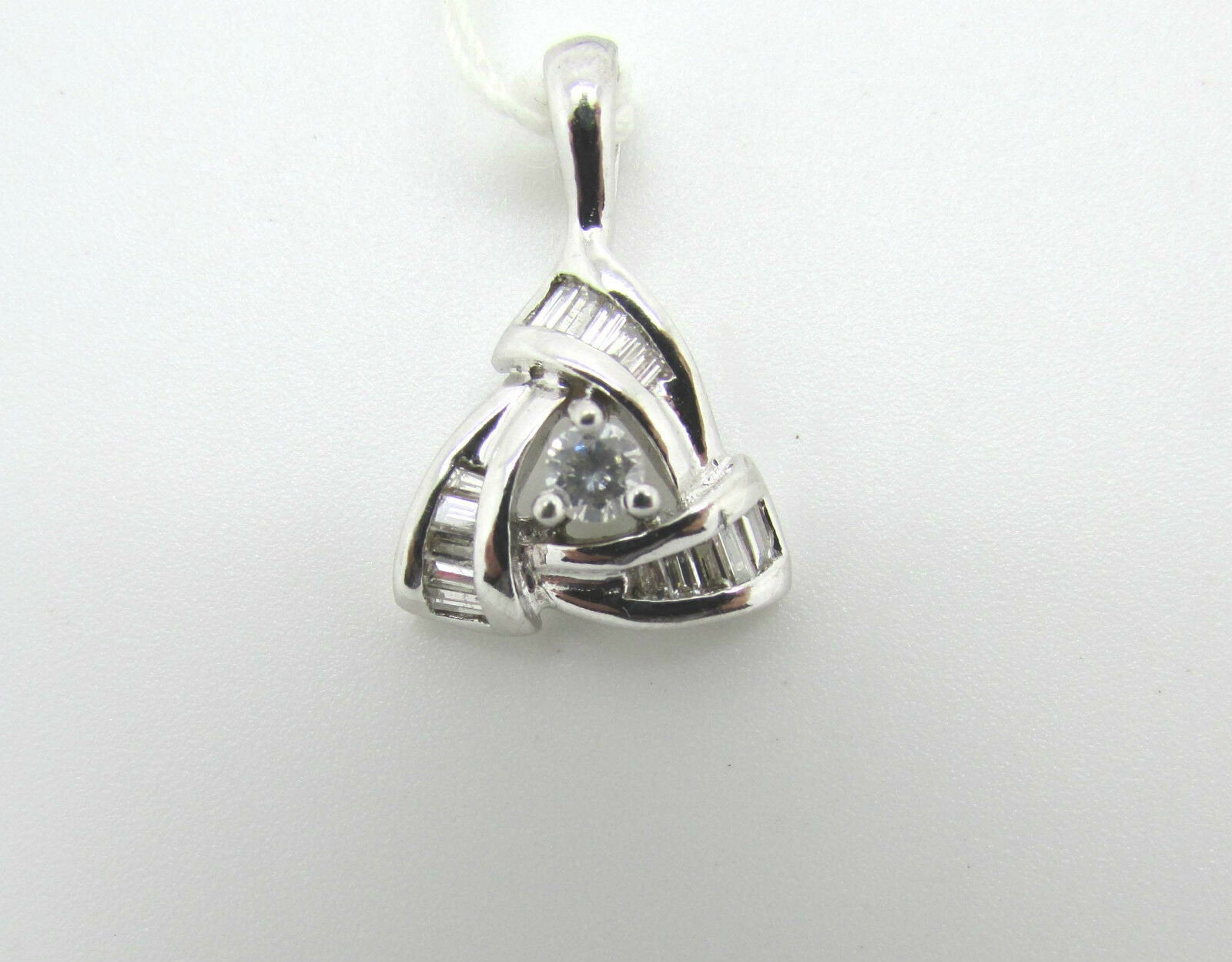 14K White Gold Triangle Pendant With Round Diamonds And Baguettes 0.40 Cts