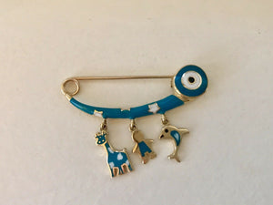 14K Pretty Yellow Gold Thick Evil Eye Safety Pin With Animal Pendants Hanging