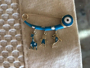 14K Pretty Yellow Gold Thick Evil Eye Safety Pin With Animal Pendants Hanging