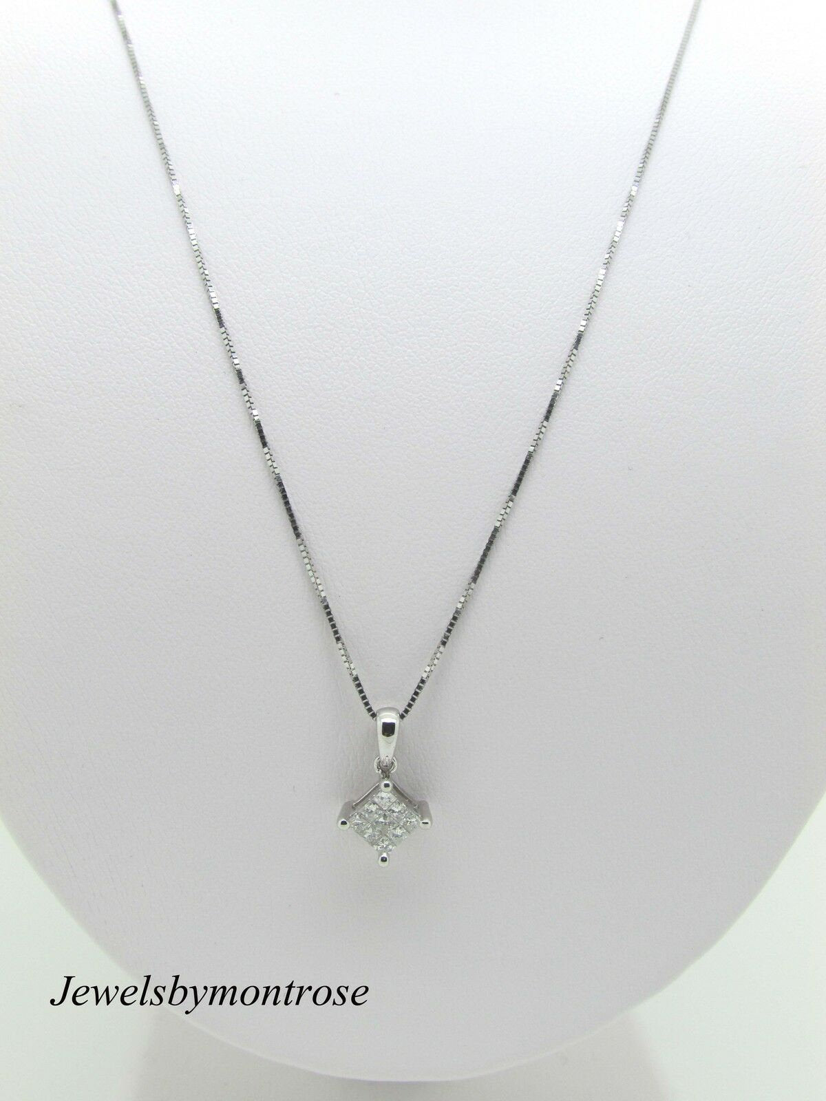 14K Pretty White Gold Square Pendant With 9 Princess Cut Diamonds 0.23 Cts