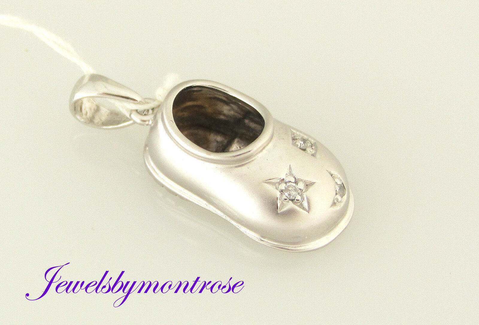 14K Solid White Gold Baby Shoe Charm/Pendant 0.04 Cts Diamonds 2.7 Grams
