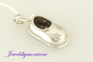 14K Solid White Gold Baby Shoe Charm/Pendant 0.04 Cts Diamonds 2.7 Grams