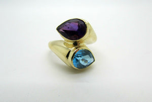 14K Yellow Gold Pretty Ladies Ring With Blue and Purple Topaz Stones Stacked