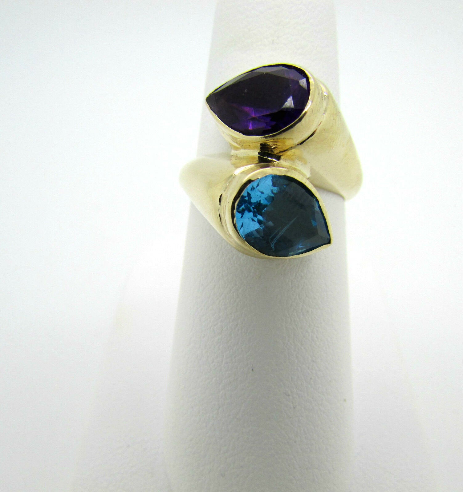14K Yellow Gold Pretty Ladies Ring With Blue and Purple Topaz Stones Stacked