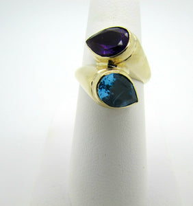 14K Yellow Gold Pretty Ladies Ring With Blue and Purple Topaz Stones Stacked
