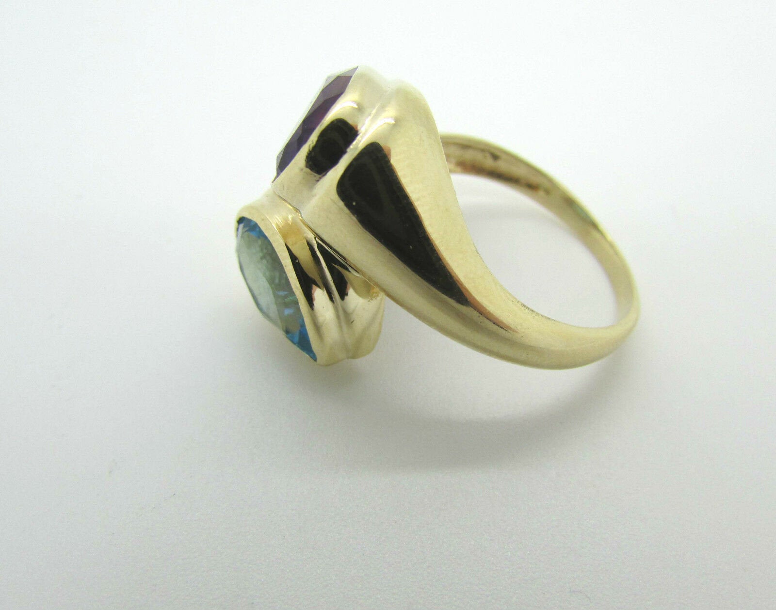 14K Yellow Gold Pretty Ladies Ring With Blue and Purple Topaz Stones Stacked
