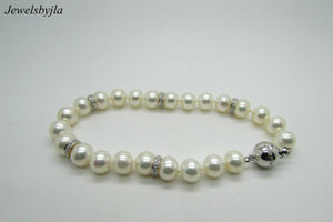 14K White Gold Pretty Cultured Pearl Bracelet With Diamond Rondelles 0.40 Cts