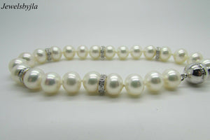 14K White Gold Pretty Cultured Pearl Bracelet With Diamond Rondelles 0.40 Cts