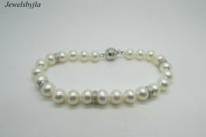 14K White Gold Pretty Cultured Pearl Bracelet With Diamond Rondelles 0.40 Cts