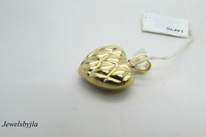 14K Yellow Gold Diamond Cut Pretty Puffed Heart Charm/Pendant Quilted Design