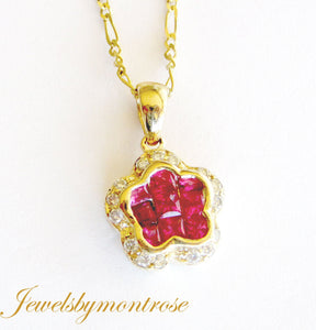 14K Pretty Yellow Gold Red Ruby Flower Pendant With Diamonds 14K Figaro Chain.