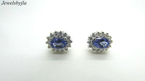 14K Pretty Oval Shaped White Gold Earrings With Tanzanite And Diamond Stones