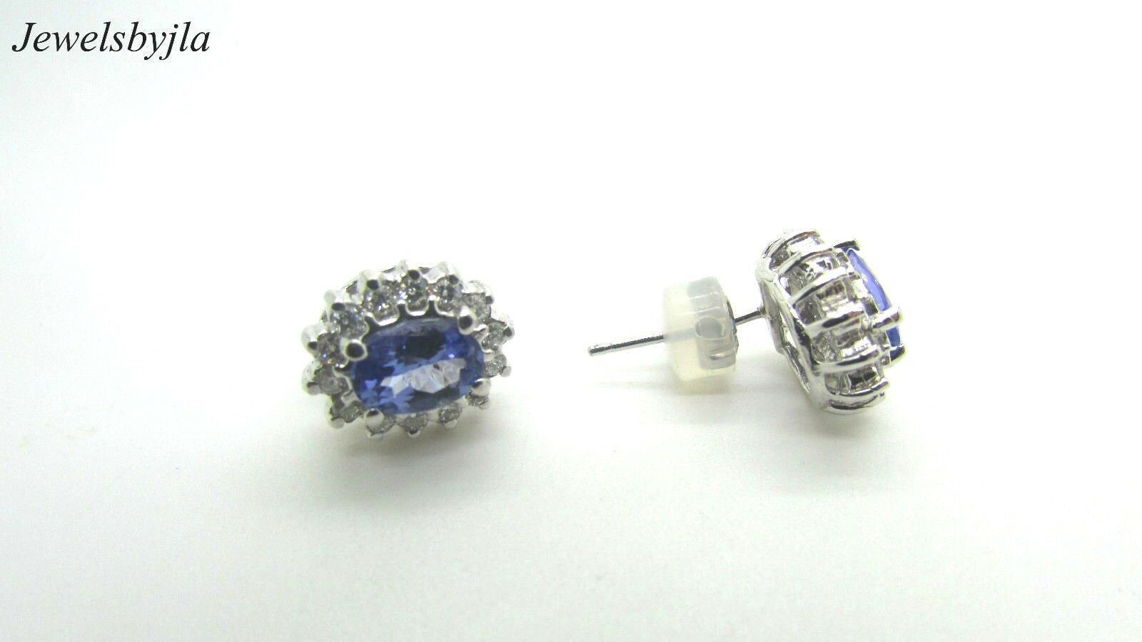 14K Pretty Oval Shaped White Gold Earrings With Tanzanite And Diamond Stones