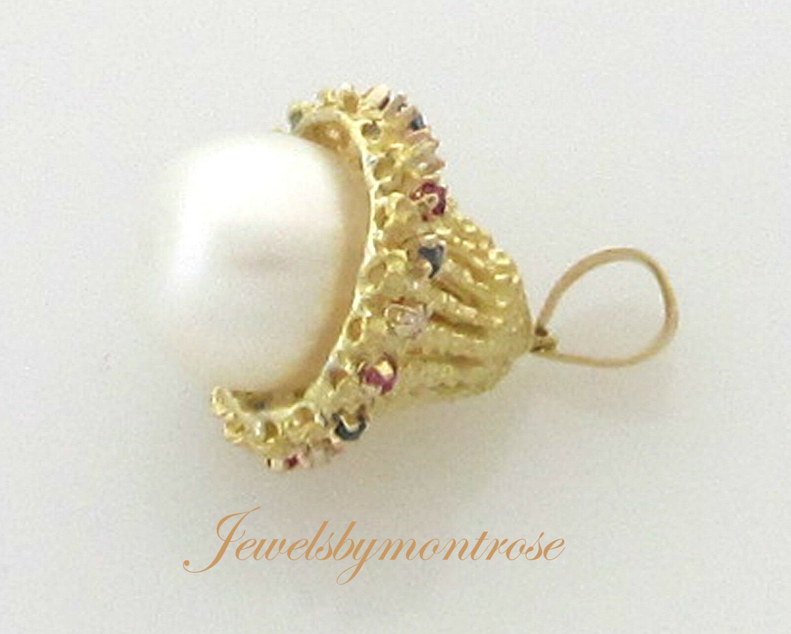 14K Pretty Solid Yellow Gold Antique Pearl Charm With Gemstones 6.7 Grams