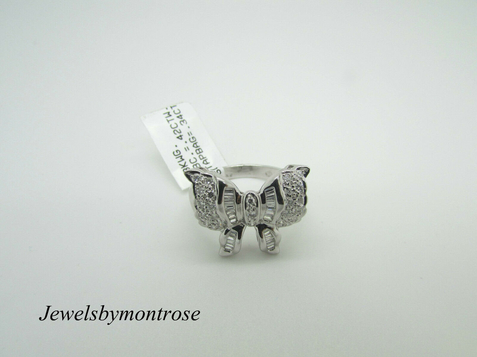 18K White Gold Butterfly Ring With Baguette And Round Diamonds 6.5 Grams On Sale