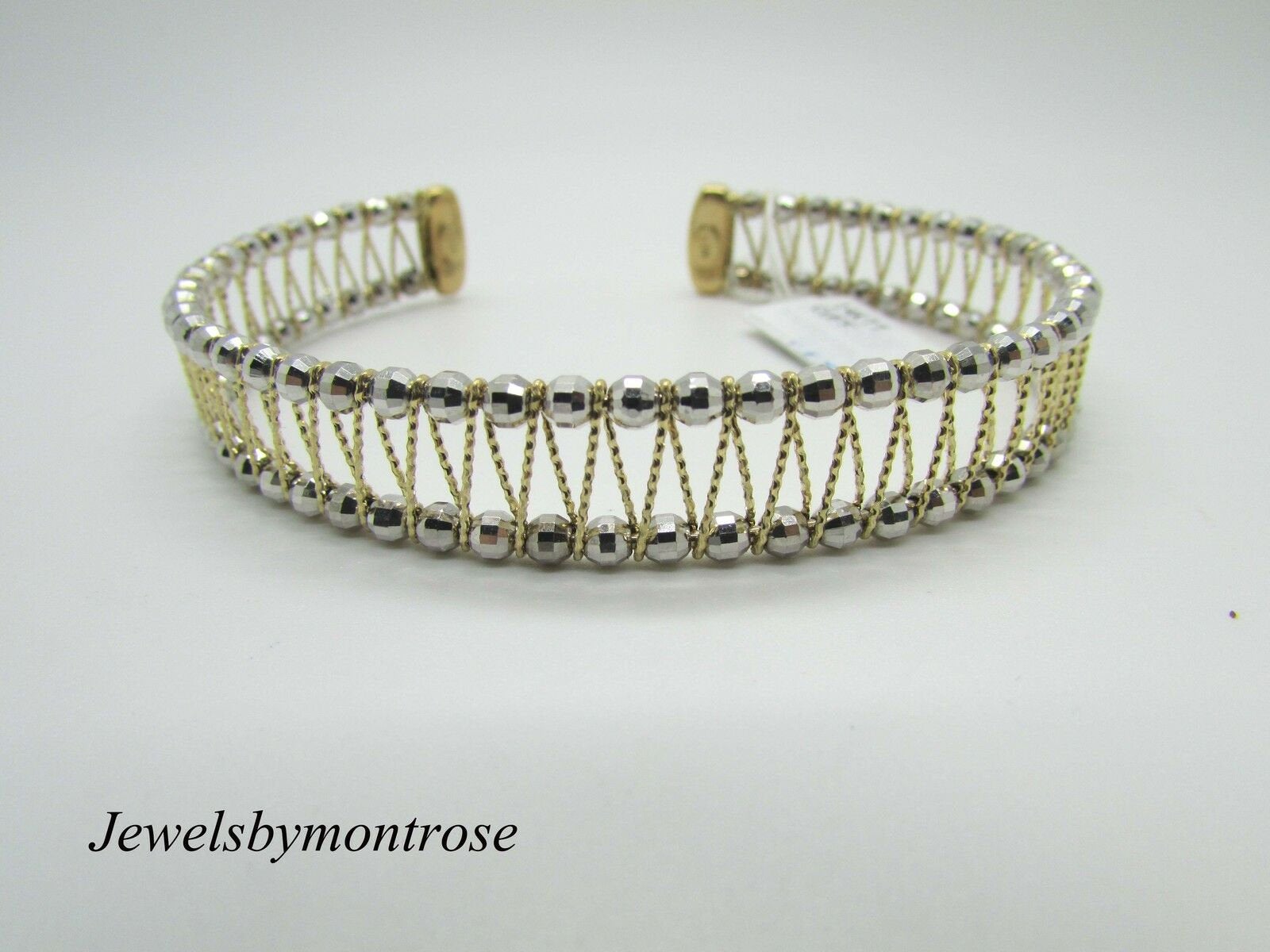 14K Yellow Gold Cuff Bracelet With White Gold Diamond Cut Weaved Design 15 Grams