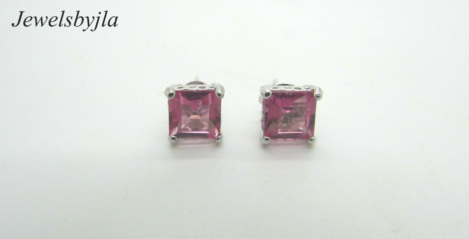 14K Pretty White Gold Rose Quartz Square Stud Earrings With Design