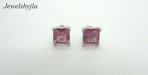 14K Pretty White Gold Rose Quartz Square Stud Earrings With Design