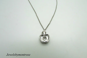 14K White Gold Apple Pendant With Round Diamond And White Gold Box Chain 0.11Cts
