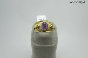 14K Yellow Gold Pretty Oval Shaped Cabochon Amethyst Ring With Lion Size 8