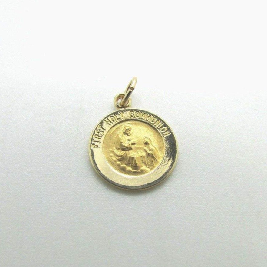 14K Pretty Yellow Gold Sacred Heart Of Jesus Have Mercy On Us Pendant