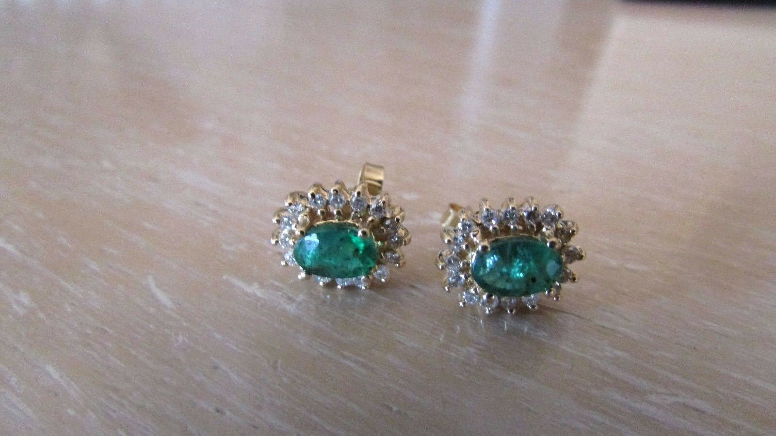 14K Pretty Yellow Gold Oval Emerald Stone Earrings With Round Diamonds 1.85 Cts