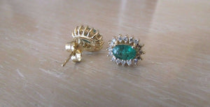 14K Pretty Yellow Gold Oval Emerald Stone Earrings With Round Diamonds 1.85 Cts