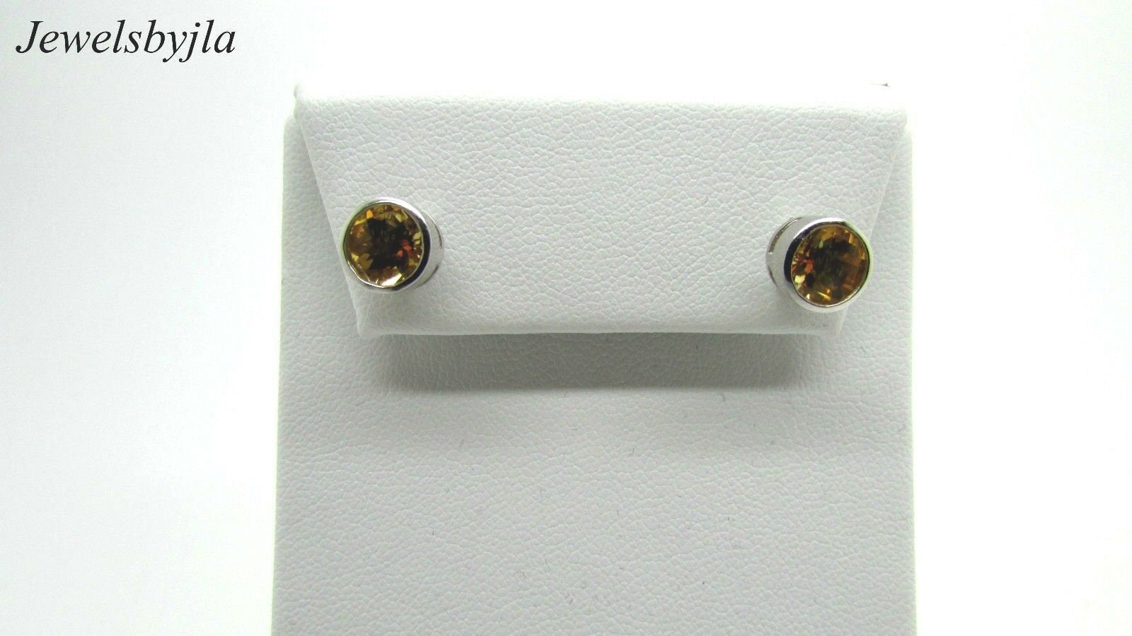 14K Pretty White Gold Citrine Stud Earrings Round Faceted Cabochon Bezel