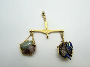 18K Yellow Gold Antique Market Scale Pendant/Pin Green And Pink Quartz And Fish