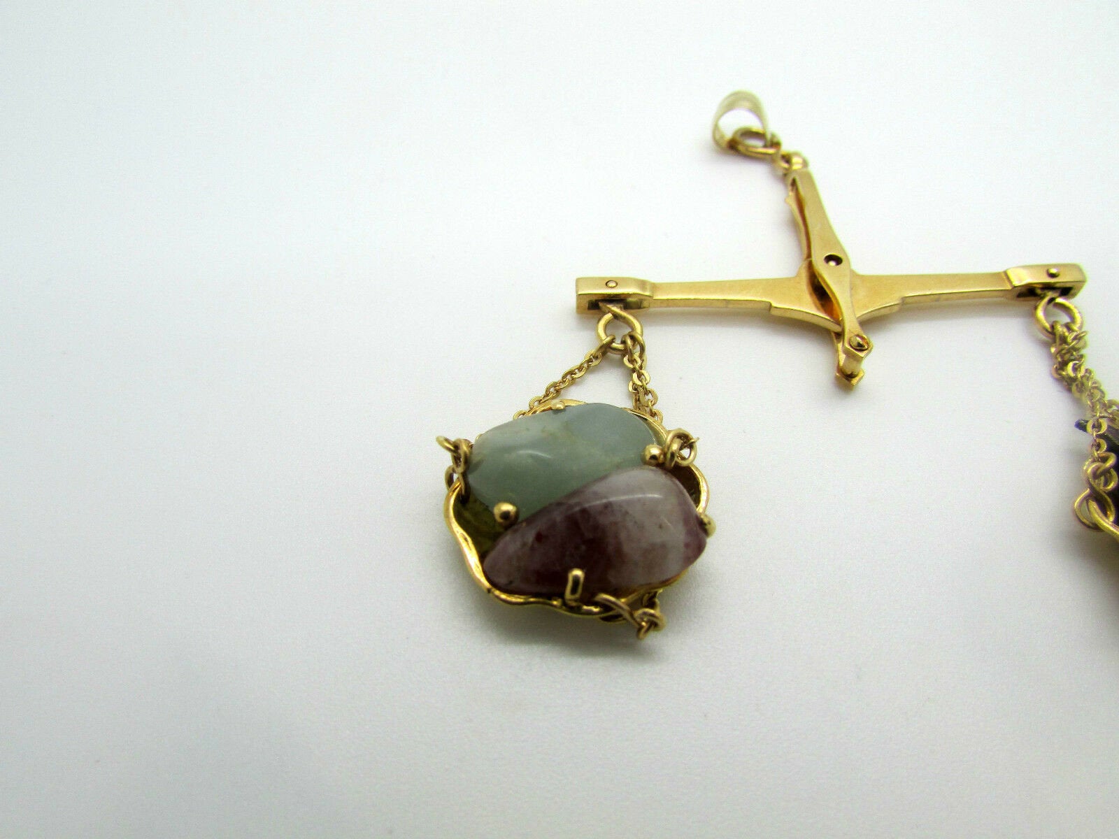 18K Yellow Gold Antique Market Scale Pendant/Pin Green And Pink Quartz And Fish