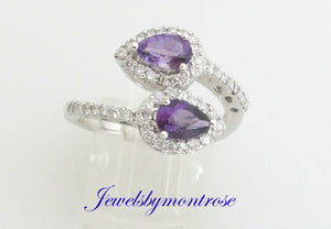 14K Pretty White Gold Ring With Pear Shape Purple Amethyst And Diamond 1.19Cts