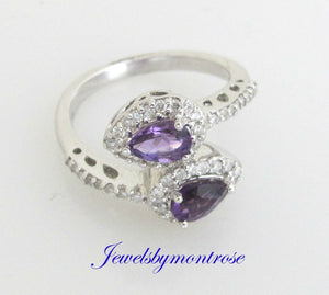 14K Pretty White Gold Ring With Pear Shape Purple Amethyst And Diamond 1.19Cts