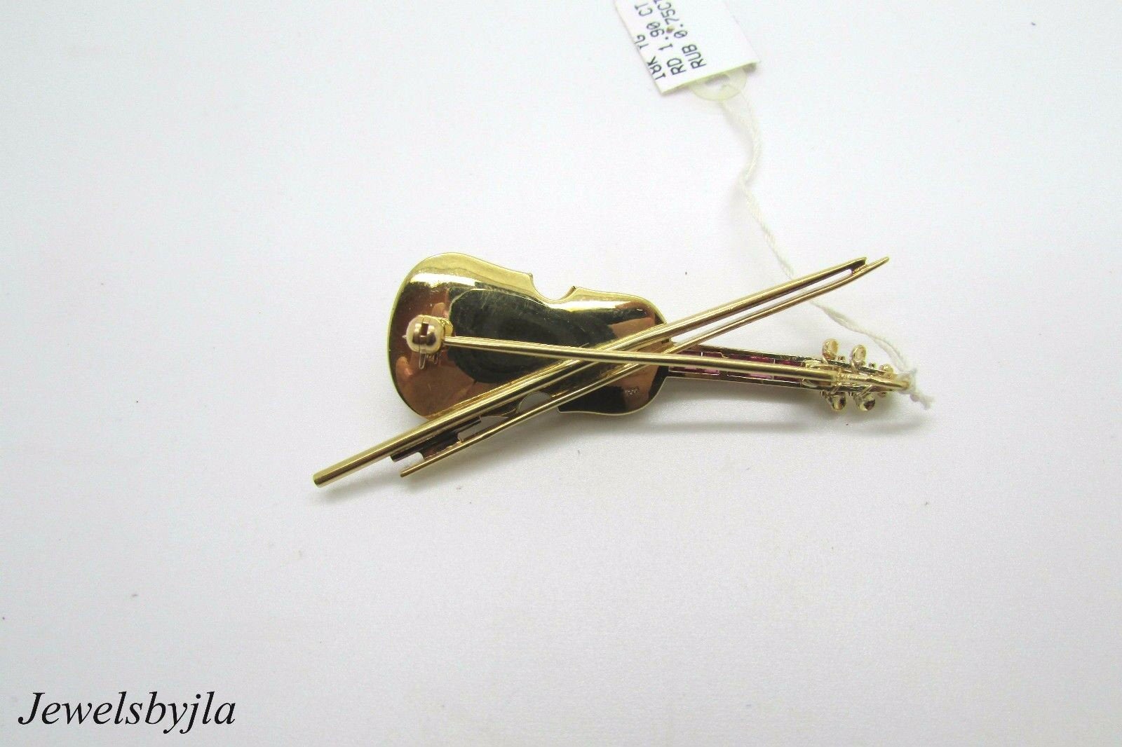 18K Pretty Yellow Gold Violin Pin With Round Diamonds And Rubies 2.65 Cts Total