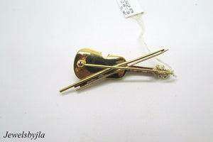 18K Pretty Yellow Gold Violin Pin With Round Diamonds And Rubies 2.65 Cts Total