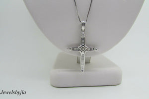 18K Pretty White Gold Cross Pendant With Baguette Diamonds X Design 0.61 Cts