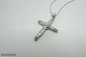 18K Pretty White Gold Cross Pendant With Baguette Diamonds X Design 0.61 Cts