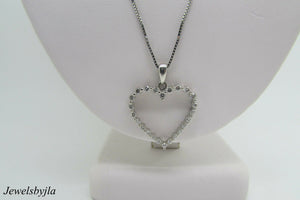 14K Pretty White Gold Thin Open Heart Pendant With Round Diamonds 0.50 Cts