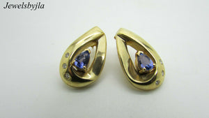 14K Pretty Yellow Gold Hanging Oval Tanzanite Earrings and Round Diamonds 1.21 Cts