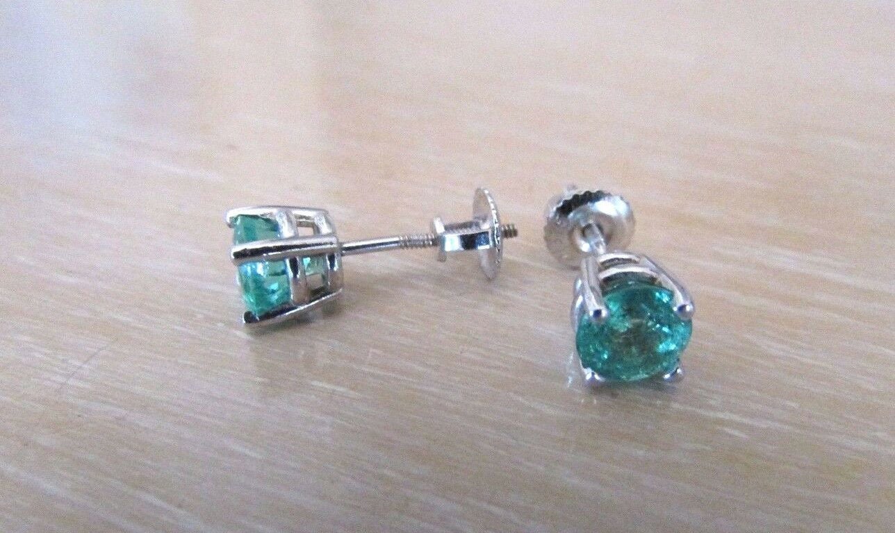 14K Pretty White Gold Round Emerald Stud Earrings 1.70 Cts