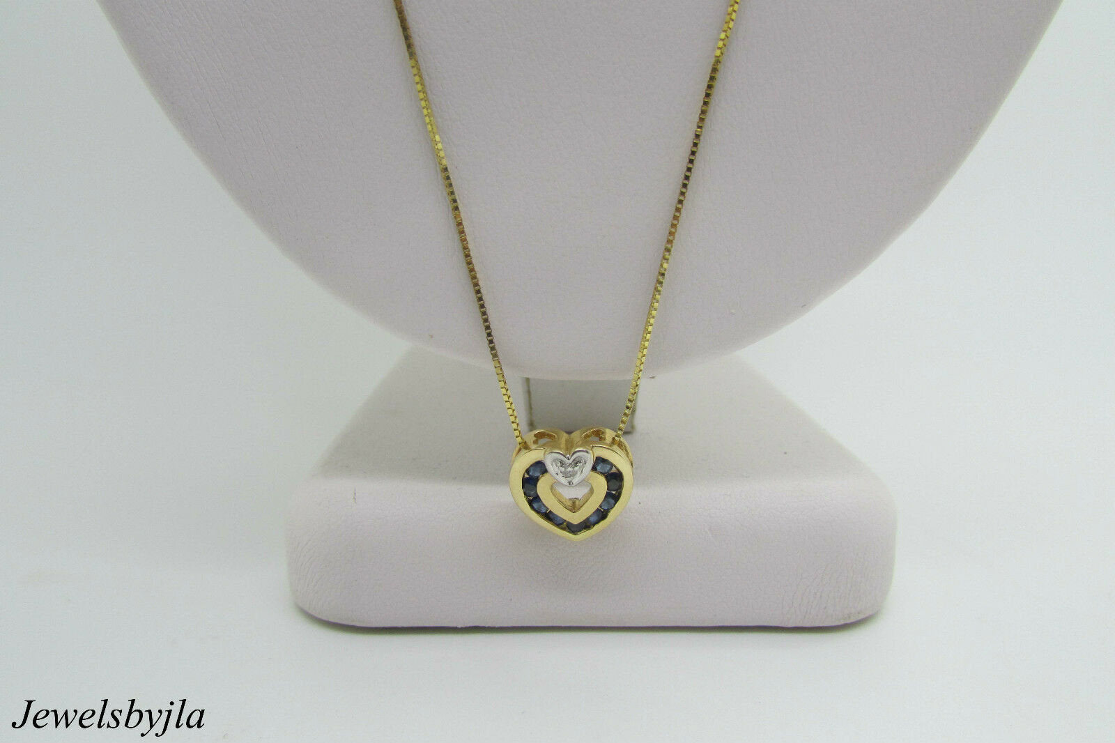 14K Yellow Gold Pretty Heart Pendant With Sapphire Stones And Diamond 0.34 Cts