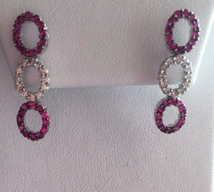 14K Pretty White Gold Vertical Three Ovals Sapphire Dangling Earrings W/ Diamond