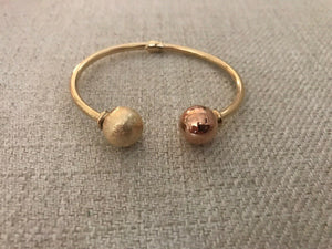 14K Pretty Two Tone Yellow Gold W/ Rose Gold Polished Cuff Bracelet With 2 Balls