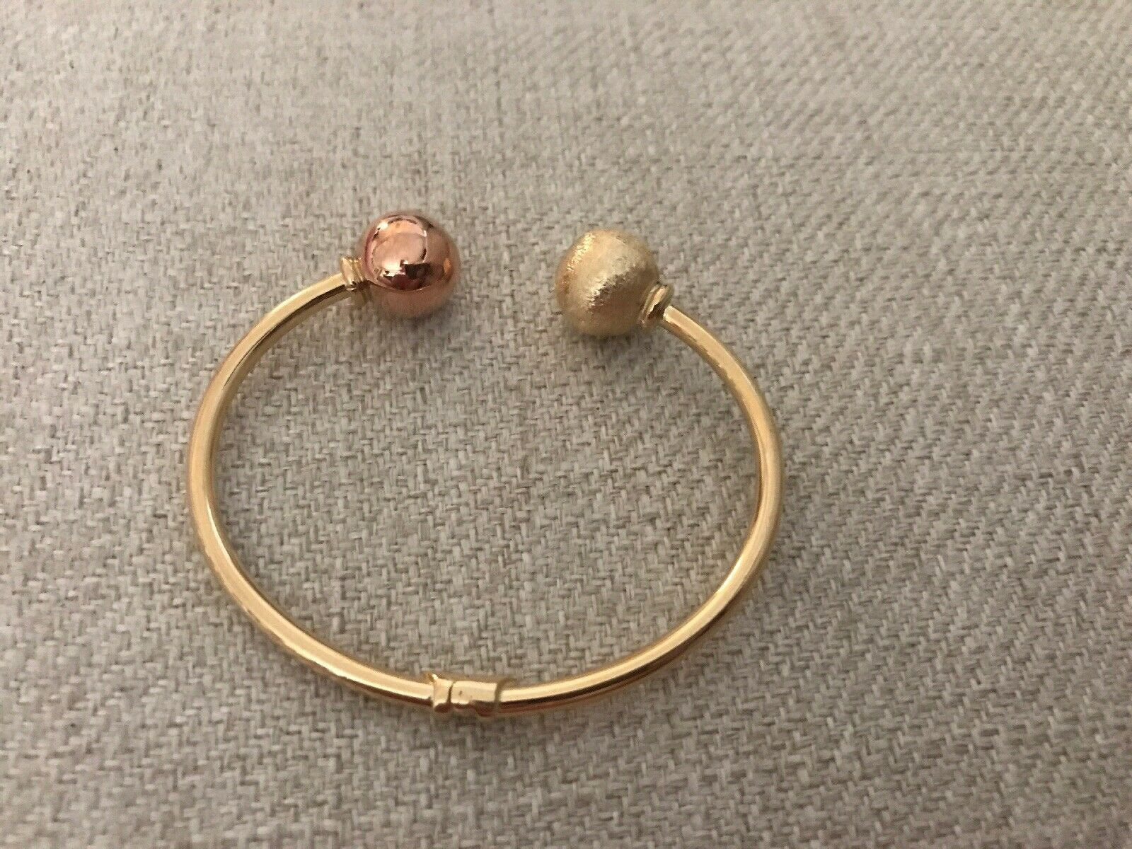 14K Pretty Two Tone Yellow Gold W/ Rose Gold Polished Cuff Bracelet With 2 Balls