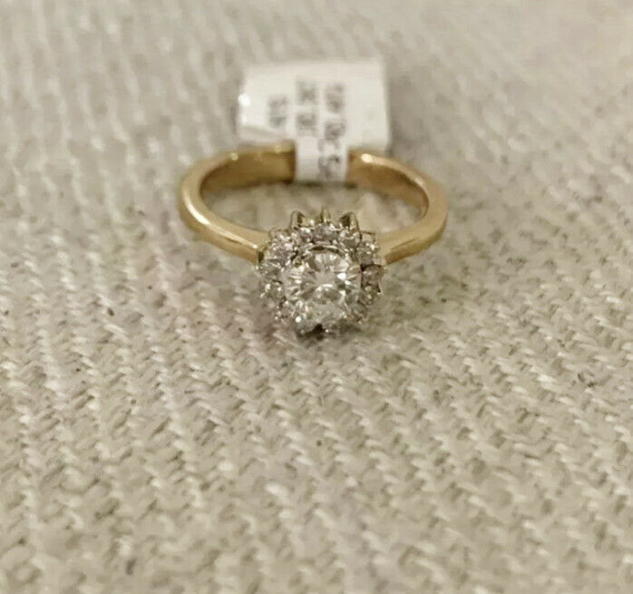 14K Pretty Yellow Gold Halo Engagement Ring With Round Diamonds .90 Cts