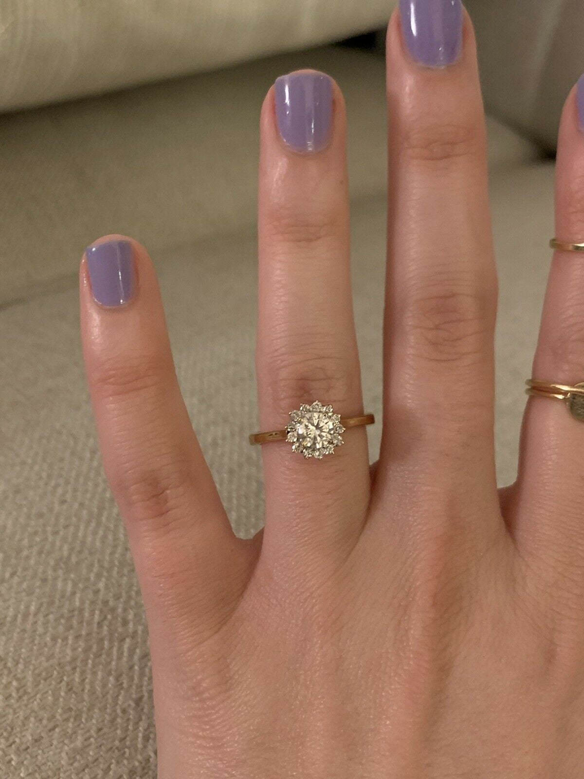 14K Pretty Yellow Gold Halo Engagement Ring With Round Diamonds .90 Cts