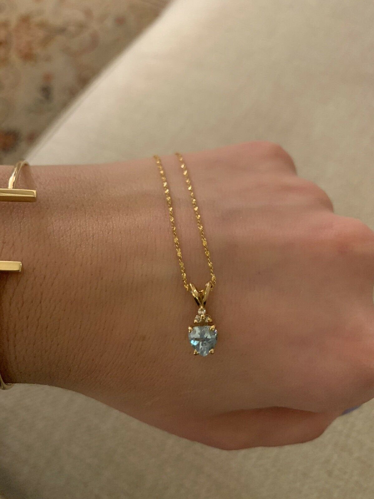 14K Pretty Yellow Gold Heart Shaped Aquamarine Pendant With Chain .85 Cts