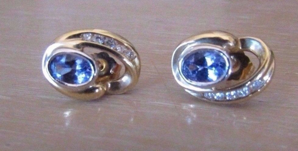 14K Pretty Yellow Gold Dangle Oval Tanzanite Earrings and Round Diamonds 0.85 Cts
