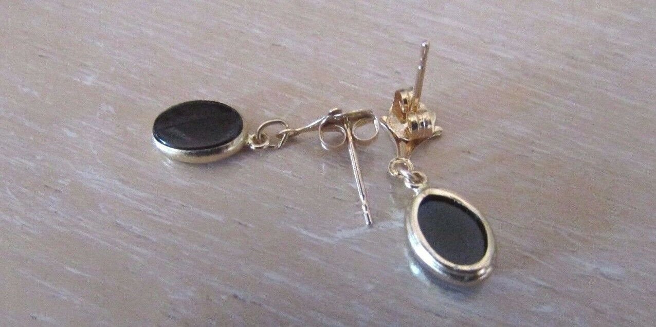 14K Pretty Yellow Gold Oval Onyx Drop/Dangling Earrings 0.9 Grams