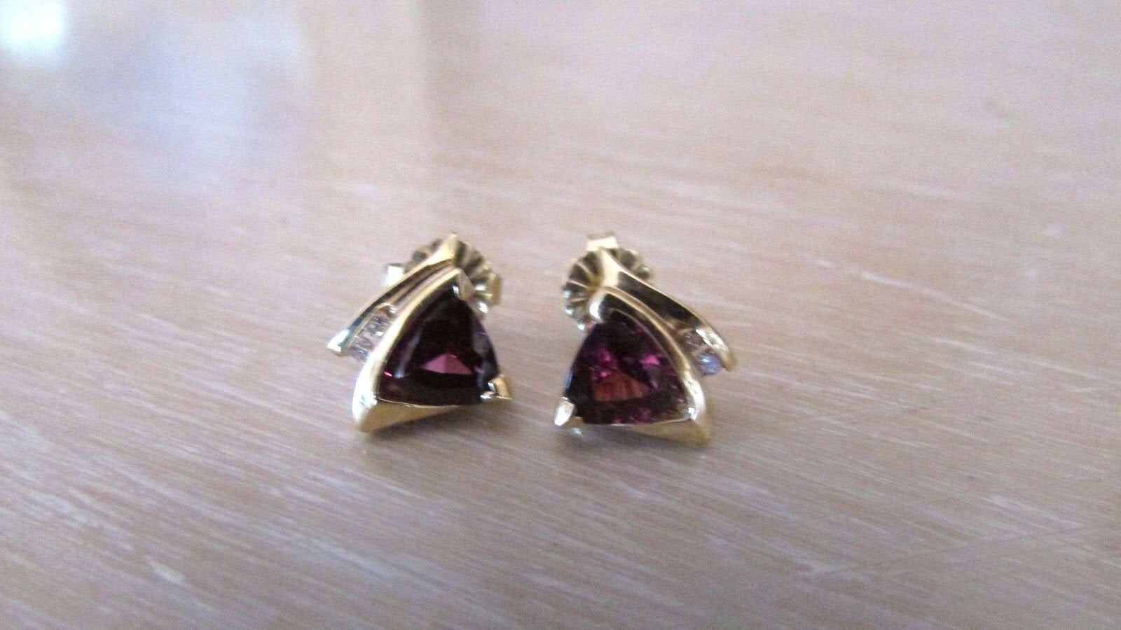 14K Pretty Yellow Gold Garnet Trillion Cut Garnet Earrings With Diamonds