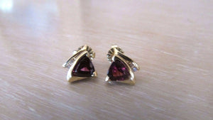 14K Pretty Yellow Gold Garnet Trillion Cut Garnet Earrings With Diamonds